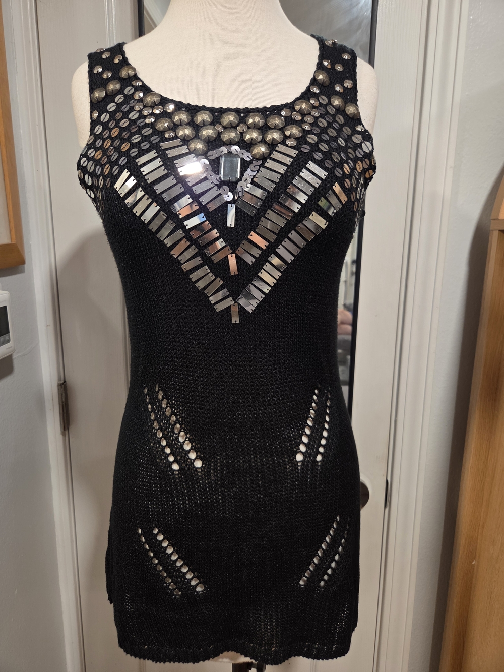 BCBGMaxAzria Black Sleeveless Knit Mini Dress with Metallic Mirror Embellishment